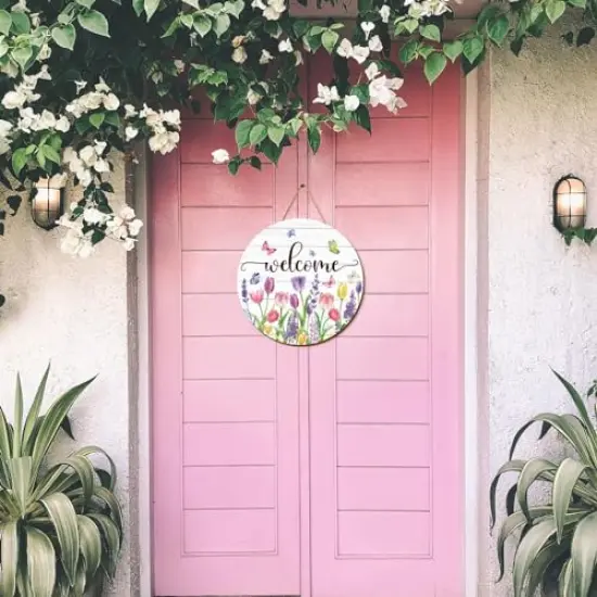 Summer Flower Welcome Door Sign Tulip Wooden Hanging Sign Floral Butterfly Door Hanger Sign for Spring Summer Holiday Indoor Outdoor Farmhouse Home Porch Window Decor {2}