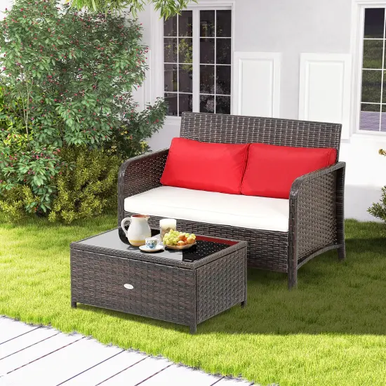 Costway 2PCS Patio Rattan Wicker Love-seat Coffee Table SetCushioned Bench Garden Deck {1}