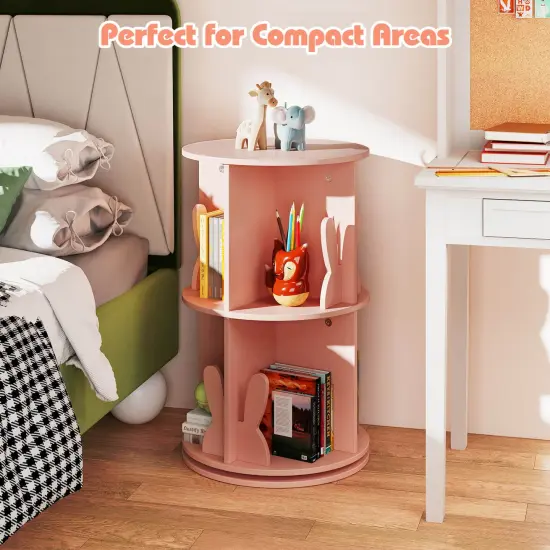 Costway Kids Rotating Bookshelf 2 Tier Freestanding 360&deg; Revolving Display Storage Rack White/Pink {4}