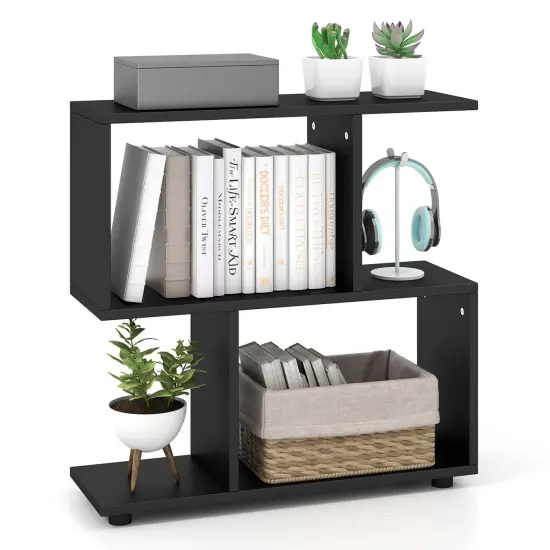 Costway 2-Tier Bookshelf Free Standing Wooden Display S-Shaped Shelf Storage Rack Black/Brown {8}