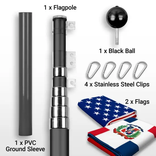 G128 Combo Pack: 20 Ft Telescoping Aluminum Flagpole (Black) & American and Dominican Republic Flags 3x5 Ft, Both ToughWeave Series Embroidered Polyester | Pole with Flags Included {2}