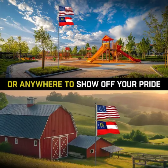 G128 Combo Pack: 25 Ft Telescoping Aluminum Flagpole (Black) & American and Georgia Flags 3x5 Ft, Both StormFlyer Series Embroidered 220GSM Spun Polyester | Pole with Flags Included {6}