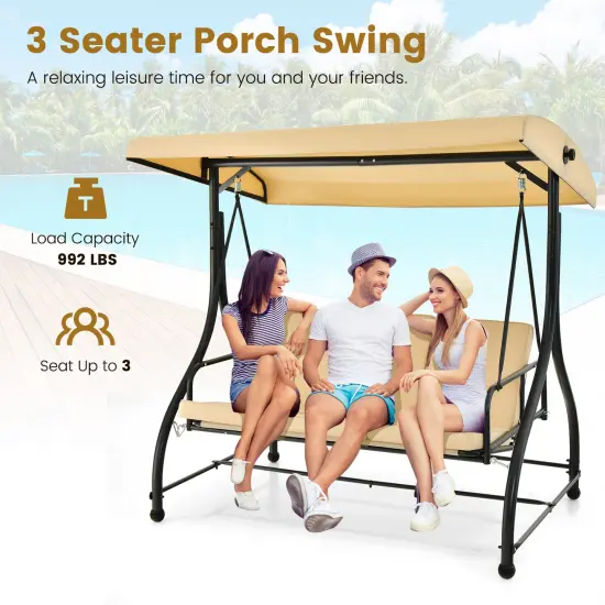 Costway Converting Outdoor Swing Canopy Hammock 3 Seats Patio Deck Furniture beige {5}