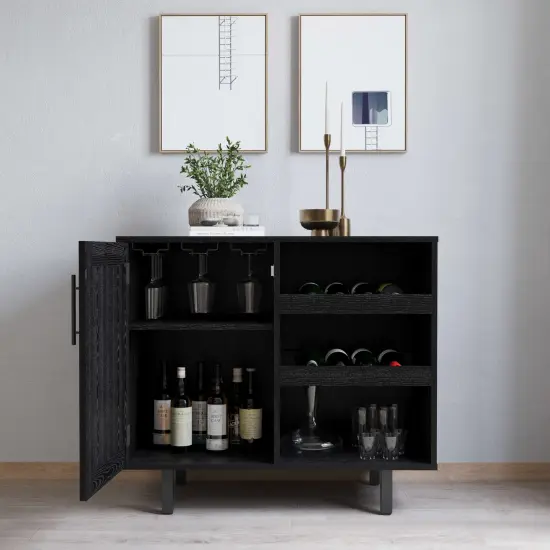 Merrick Lane Aloise Bar and Sideboard with Storage Cabinet, Hanging Stemware Holders and Bottle Storage Black {3}