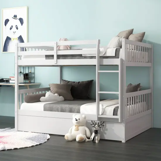 Wooden Full over Full Bunk Platform Wood Bed with Ladder and Trundle Perfect for Dorms Room White {6}