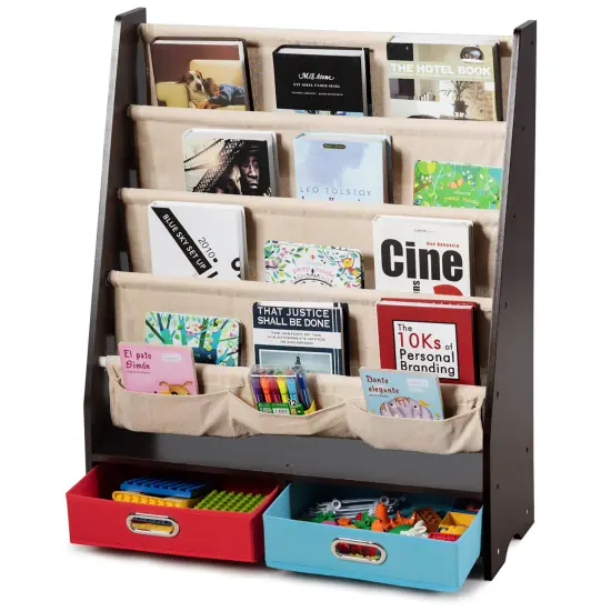 Costway Kids Book Rack Toys Organizer with 4 Sling Bookshelf & 2 Boxes Espresso\Beige {1}