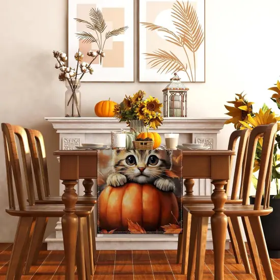 Pumpkin Cat Fall Table Runner,Maple Leaves Autumn Thanksgiving-13&times;72'' {4}