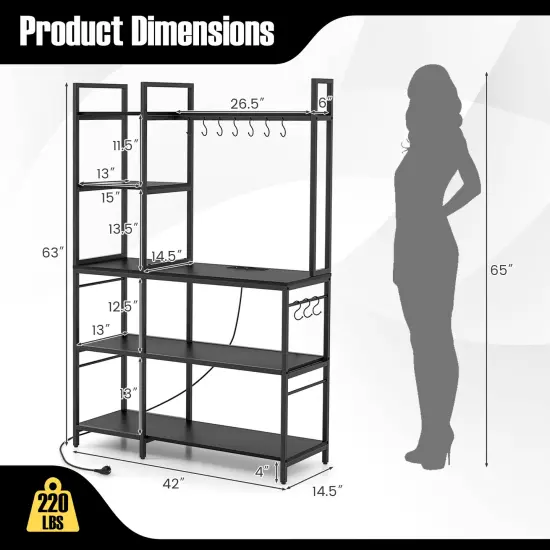 Metal and Wood Kitchen Backers Rack with Charging Ports, 5 Tiers and Anti-Tip Safety Black {5}