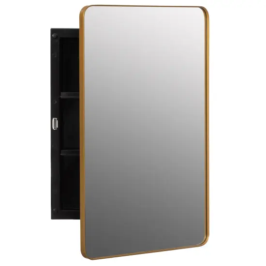 Basicwise Plastic Medicine Cabinet with Beveled Edge Mirror Door and Round Corner Metal Frame, Surface or Recessed Mount Options, Bathroom Wall Mounted Vanity Cabinet with 2 Adjustable Shelves Gold {6}