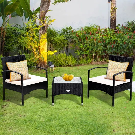 Costway 3 PCS Furniture Set Table & 2 Chair Patio Wicker Rattan W/Cushion {6}