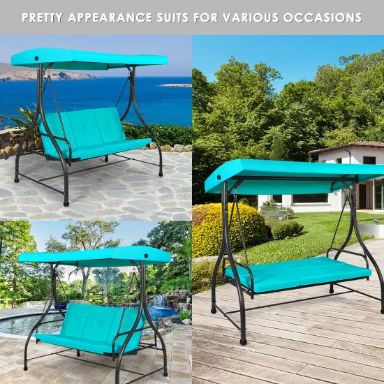 Costway Converting Outdoor Swing Canopy Hammock 3 SeatsPatio Deck Furniture Turquoise {6}