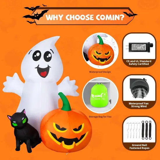 GOOSH Halloween Inflatable 5FT Ghost with Black Cat and Pumpkin with Built-in LEDs {6}