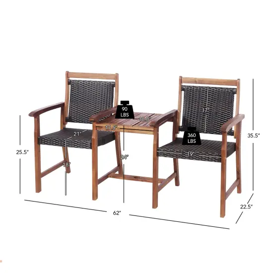 Costway 2-Seat Patio Rattan Bench Acacia Wood Frame Table W/Umbrella Hole Deck {4}