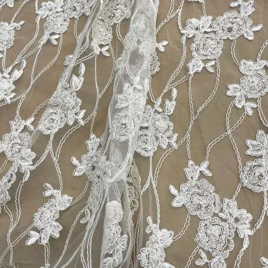 1 Yard Blush Beaded & Corded Bridal Lace Embroidered on Fabric 52" Wide Polyester Net Mesh Taupe {3}