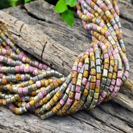 6/0 Aged Pink Medley Picasso Bugle Tube Seed Bead Mix (21" Strand) {4}