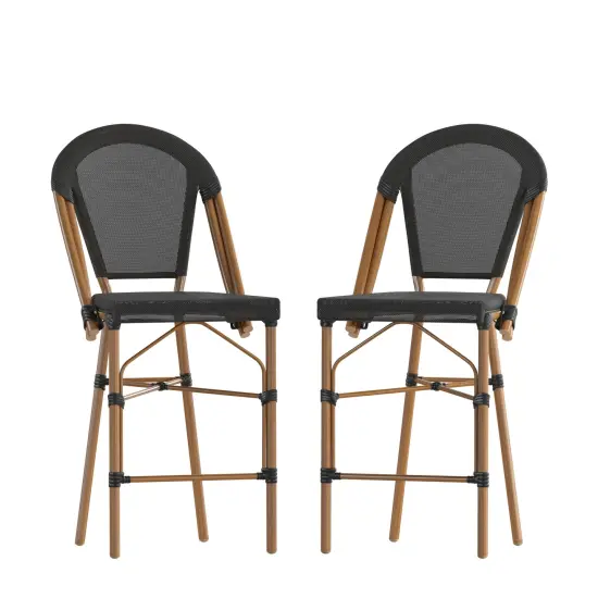 Merrick Lane Mael Set of Two Stacking Bistro Style Counter Stools with Textilene Backs and Seats and Metal Frames for Indoor/Outdoor Use Black/Natural Frame {2}