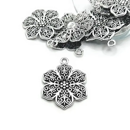Silver Orante Flower Pendant Charms, 31x23mm {1}