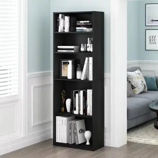 71-inch Tall 5-Shelf Bookcase in Black Wood Finish {2}