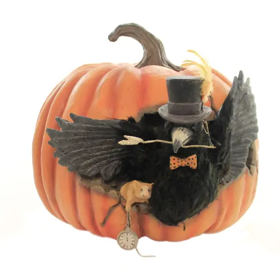 Bethany Lowe 12.25 In Cawing Pumpkin Halloween Figurine , Portable Halloween Decor Bird Mouse Pocket Watch Orange {1}