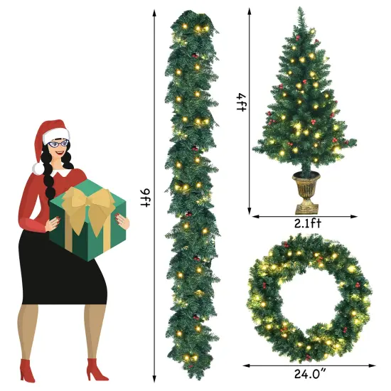 Costway 4pcs Pre-lit Christmas Decoration Set w/ Garland Wreath & Entrance Trees {4}