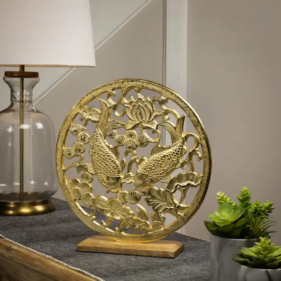 Northlight Koi Fish with Lotus Flower Sculpture with Wooden Base - 13.5" Gold {1}