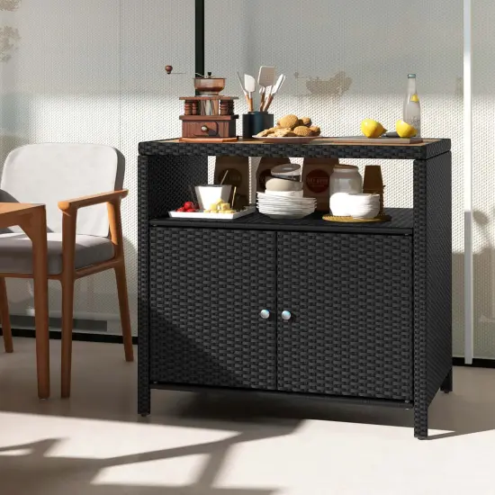 Costway Patio Rattan Storage Cabinet with Acacia Wood Countertop Open Shelf 2 Door Cabinet Black/Mix Brown {4}