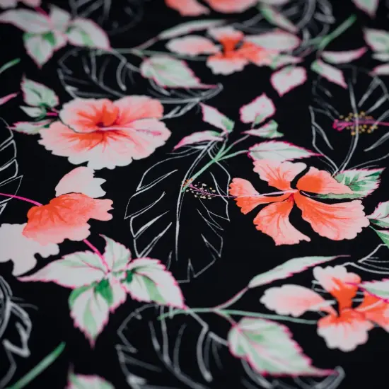 1 Yard Hibiscus Flowers on Black Printed Spandex Fabric 36" x 58/60" Length by Width {1}