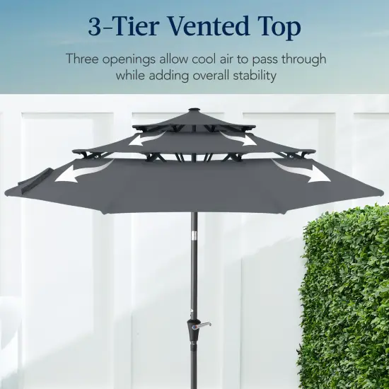 Best Choice Products 10ft 3-Tier Patio Umbrella, Market Sun Shade w/ Tilt Adjustment, Easy Crank Slate {3}