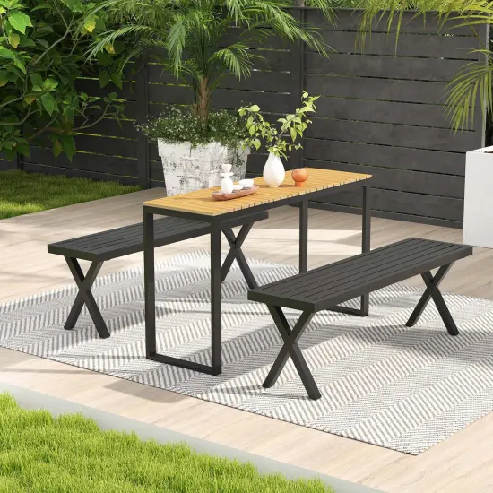 Costway 1/2 PCS 54" Patio Metal Bench with Slatted Seat & X Legs Backless Loveseat for Yard {9}