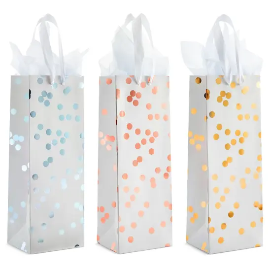 12-Pack Wine Gift Bags with Ribbon Handles and Tissue Paper for Wine Bottles, Liquor, Champagne, Sparkling Cider, Elegant Polka Dot Foil Designs (3 Colors, 13.8x5x4 in) White {4}