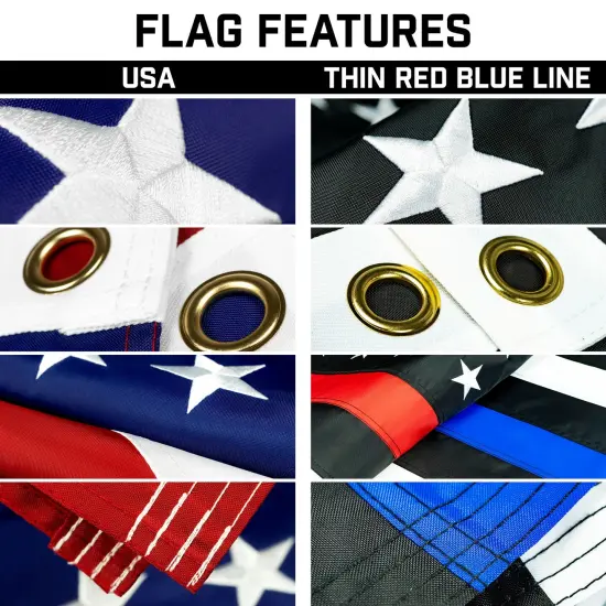 G128 Combo Pack: 20 Ft Telescoping Aluminum Flagpole (Silver) & American and Thin Blue Red Line Flags 3x5 Ft, Both ToughWeave Series Embroidered Polyester | Pole with Flags Included {3}