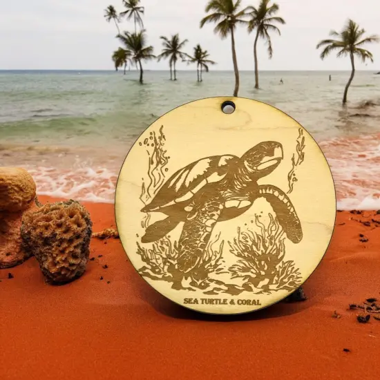 Ornament - Sea Turtle and Coral Raw Wood {3}