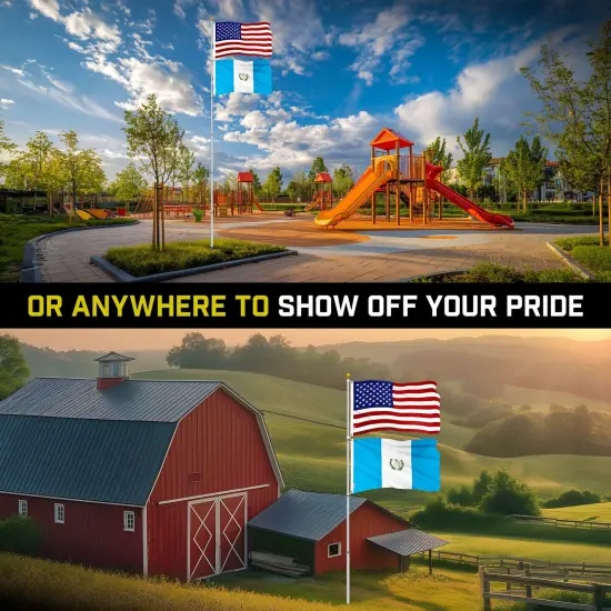 G128 Combo Pack: 20 Ft Telescoping Aluminum Flagpole (Silver) & American and Guatemala Flags 3x5 Ft, Both ToughWeave Series Embroidered Polyester | Pole with Flags Included {6}