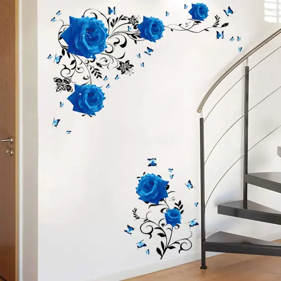 Supzone Blue Rose Wall Stickers Rose Flower Vine Wall Decal Blue Peony Floral Wall Decor DIY Vinyl Mural Art for Bedroom Living Room Sofa Backdrop TV Wall Decoration {4}
