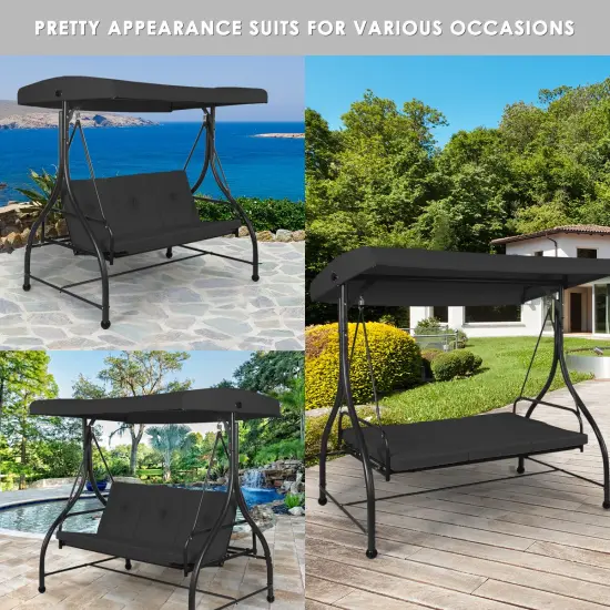 Costway Converting Outdoor Swing Canopy Hammock 3 Seats Patio Deck Furniture Black {5}