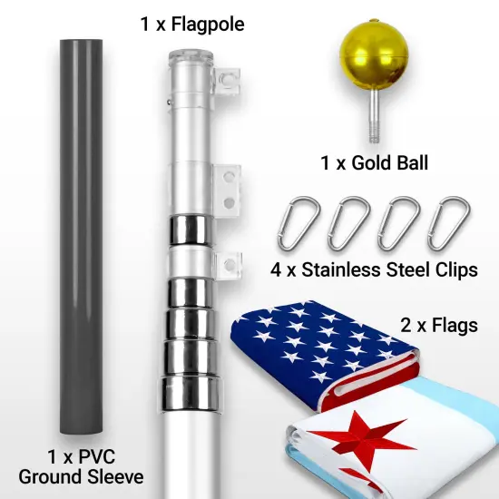 G128 Combo Pack: 25 Ft Telescoping Aluminum Flagpole (Silver) & American and Chicago Flags 3x5 Ft, Both StormFlyer Series Embroidered 220GSM Spun Polyester | Pole with Flags Included {2}