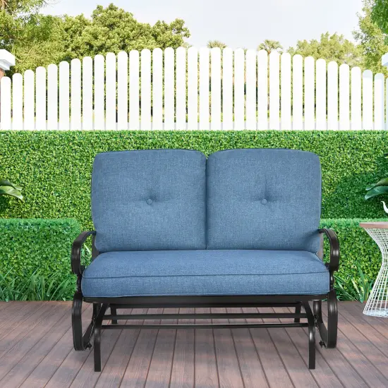 Costway Glider Outdoor Patio Rocking Bench Loveseat Cushioned Seat Steel Frame Blue {6}
