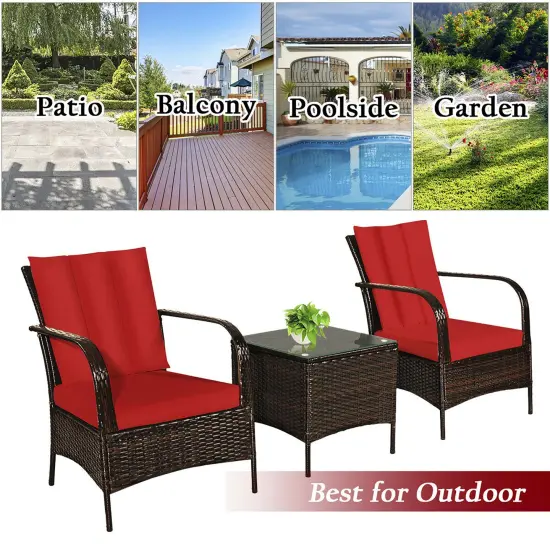 Costway 3 PCS Patio Rattan Furniture Set Coffee Table & 2 Rattan Chair W/Red Cushions {6}