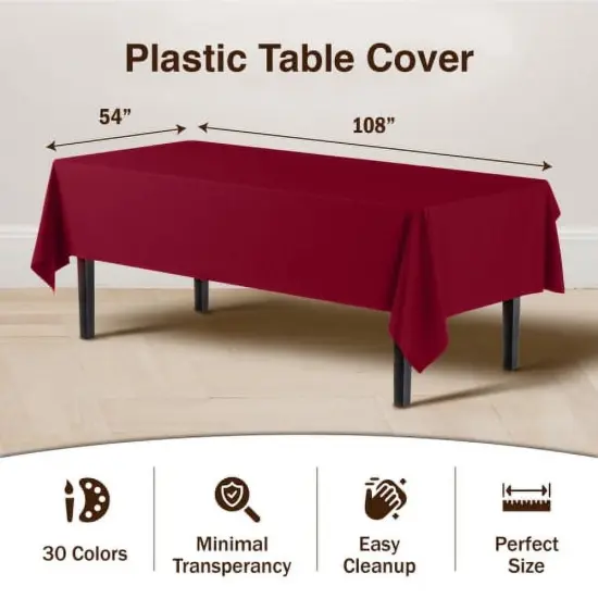 Exquisite 6-Pack Premium Plastic Tablecloth 54in. x 108in. Rectangle Plastic Table Cover Burgundy {5}