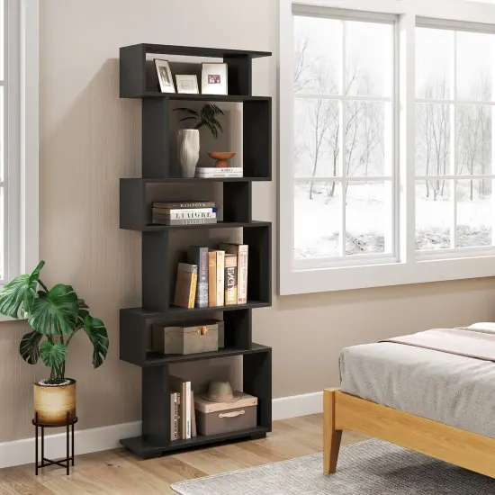Costway 6-tier Storage Bookshelf S-shaped Geometric Bookcase with Anti-toppling Kits Brown/Black/White {11}