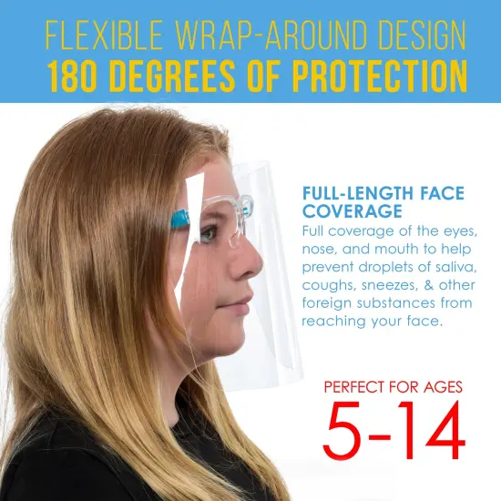 200 Kids Face Shields with Glasses Frames (20 Packs of 10) - 5 Colors, 40 Each - Protective Children's Full Face Shields - Anti-Fog PET Plastic {3}