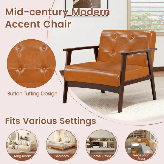 Costway Accent Chair with Armrest & Rubber Wood Frame Button Tufted Chair for Living Room Brown/Black {6}