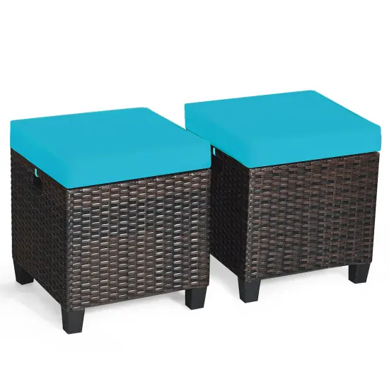 Costway 2PCS Patio Rattan Ottoman Cushioned Seat w/ Foot Rest Turquoise {2}