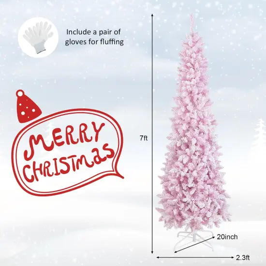 Costway 7FT Pre-Lit Snow Flocked Hinged Pencil Christmas Tree w/ 300 Lights & 8 Modes {4}