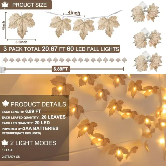 3 Pack Fall Garland with Lights - 20Ft 60LED {3}