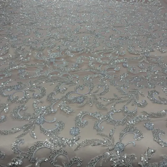 1 Yard Champagne Beaded Lace Fabric Embroidered on Polyester Mesh, 53" Wide {6}