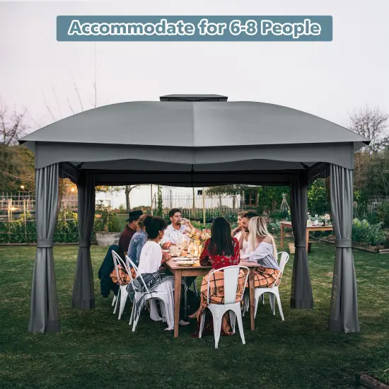 Polyester and Steel Gazebo with Mesh Walls, Curtains and Double Roof Grey {6}