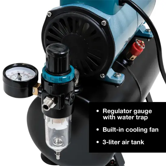 Cool Runner Professional High Performance Single-Piston Airbrush Air Compressor 3-Liter Tank, Holders, Regulator, Gauge, Water Trap Filter & Air Hose {3}