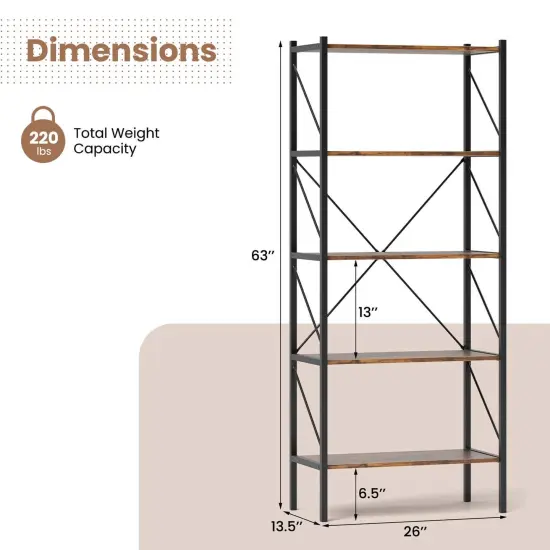 Costway 1/2 PCS 5-Tier Bookshelf, Industrial Tall Bookcase with Open Storage Shelves & Metal Frame Brown {3}