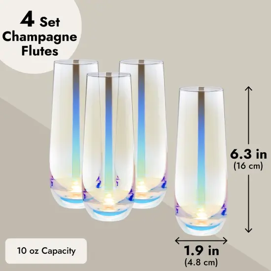 4 Pack Iridescent Champagne Flutes, Stemless Wine Glasses for Cocktails, Mimosas, Bars (10 oz) Clear {4}
